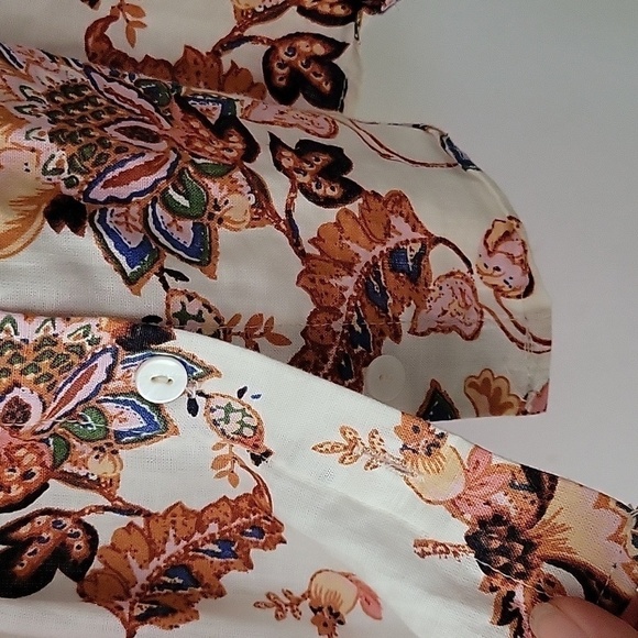 Rachel Roy Linen Square Ruffled Neck Pirate Poplin Flower Paisley Peasant Blouse - Picture 8 of 15